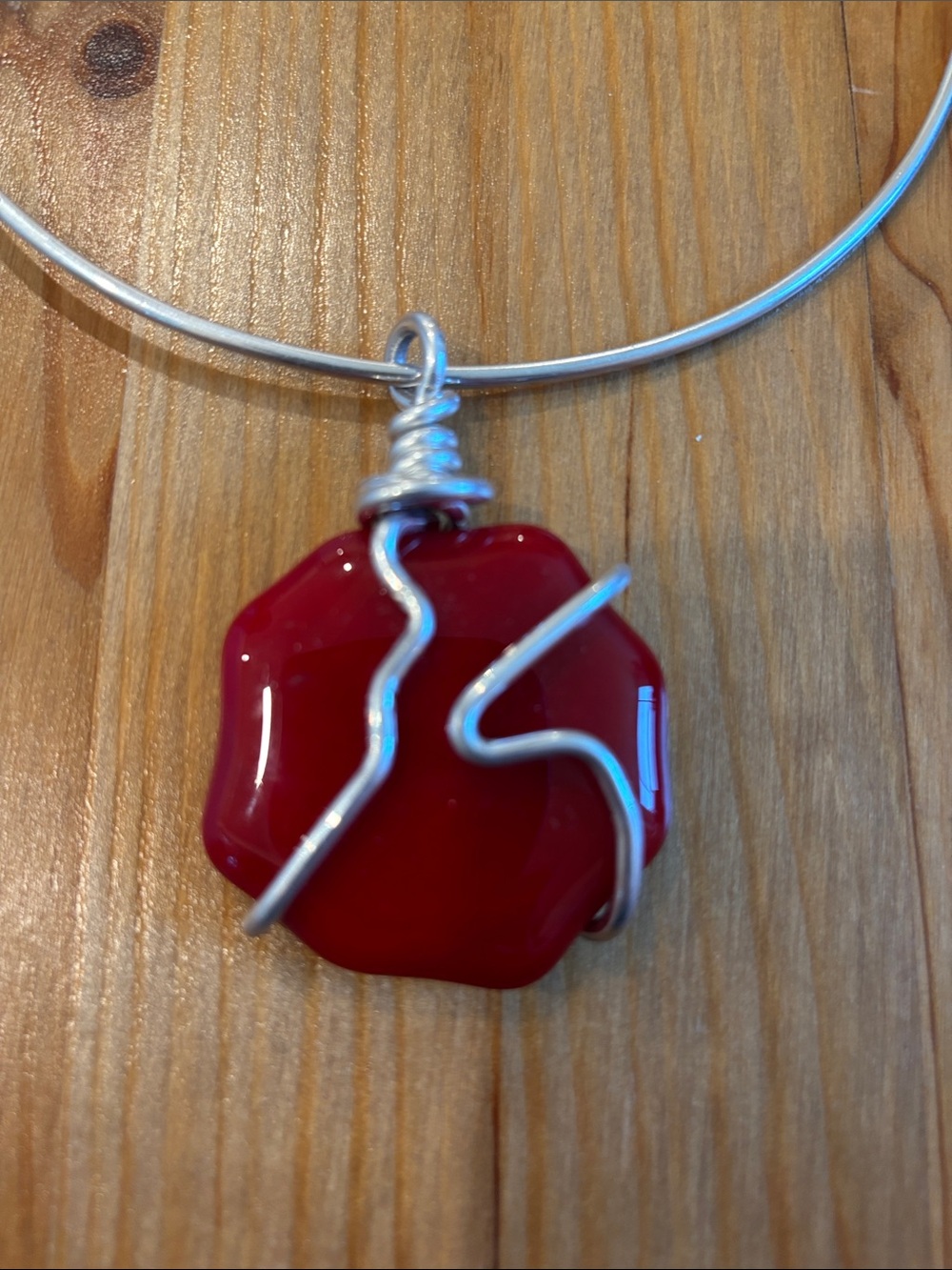 Red Pendant Bangle Necklace - Silver-Toned Wire Accent - Picture 2 of 5